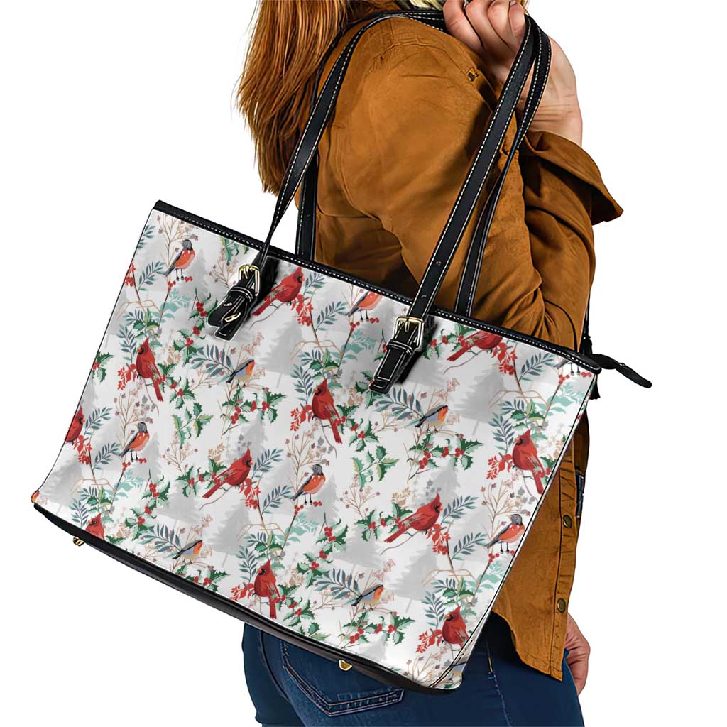 Cardinal Christmas White Leather Tote Bag Xmas Pattern LT01