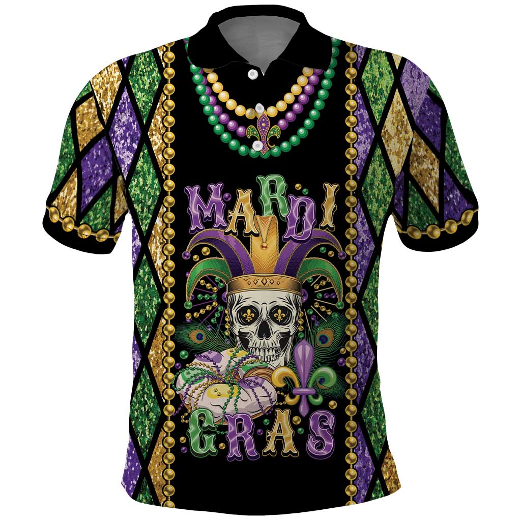 Mardi Gras Skull Polo Shirt Beads Fleur De Lis LT01