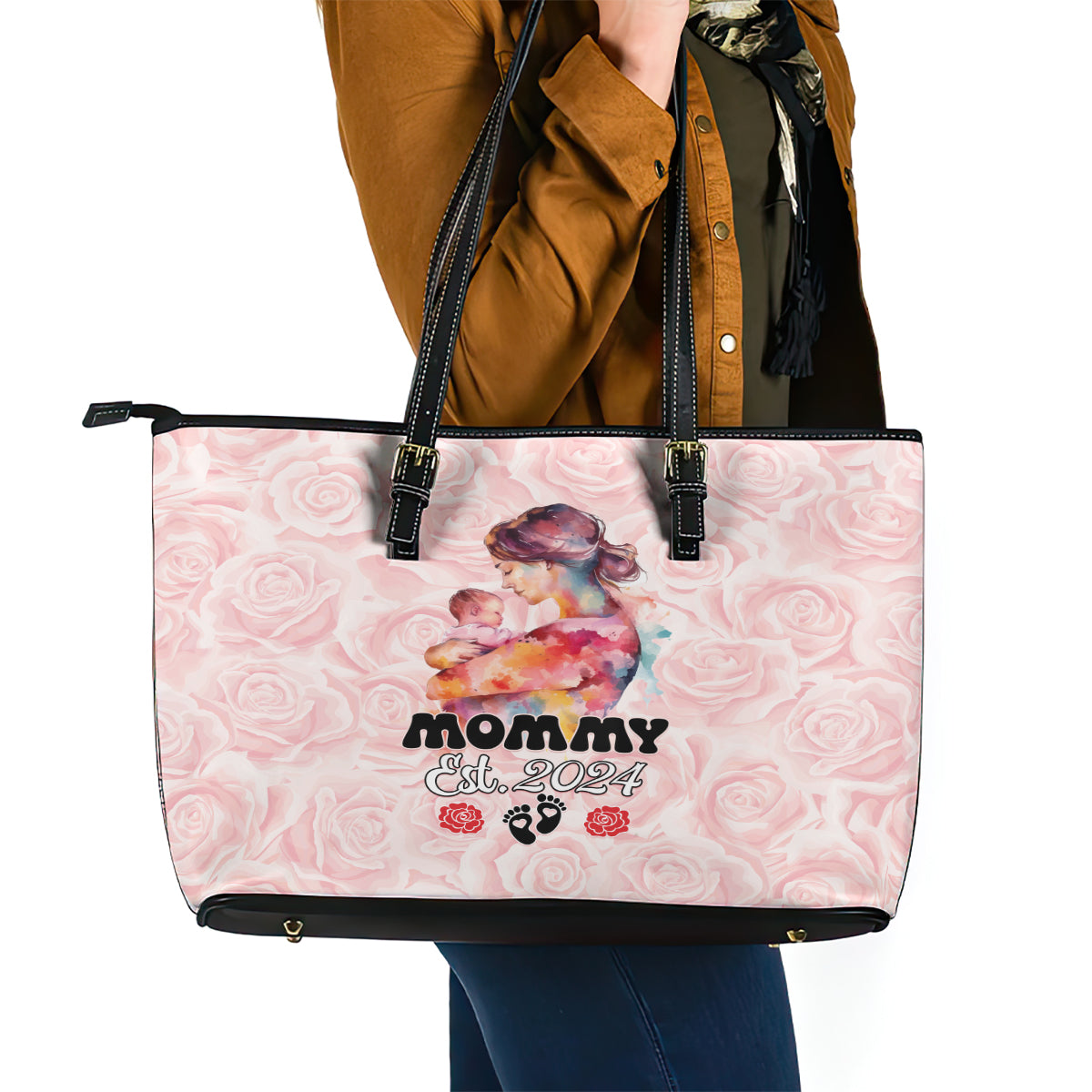 Happy Mother Day Leather Tote Bag Mommy Est 2024 LT01