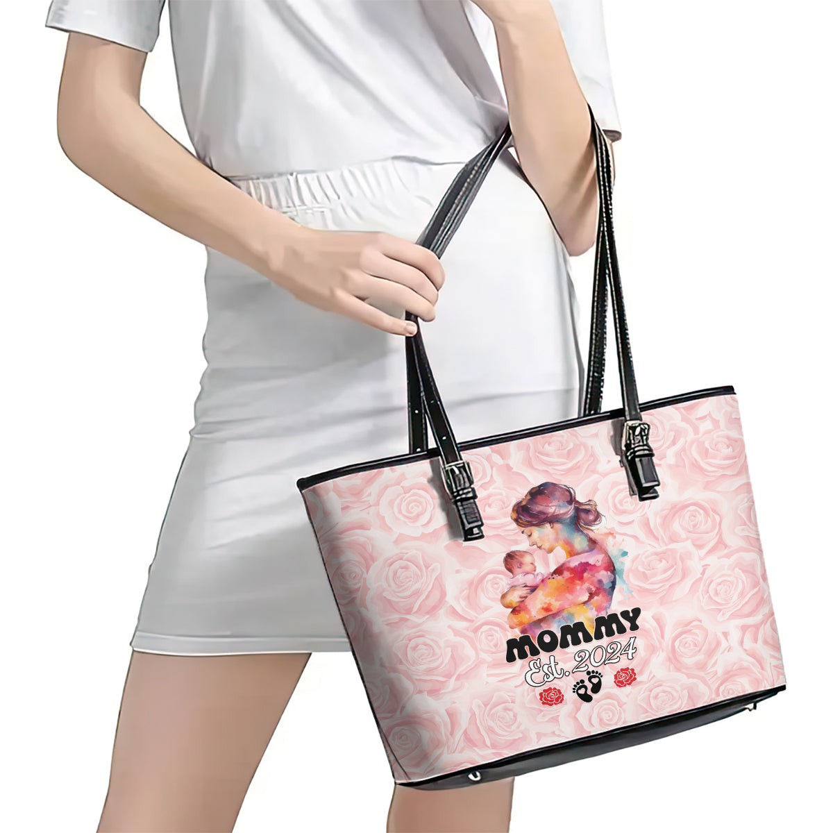 Happy Mother Day Leather Tote Bag Mommy Est 2024 LT01