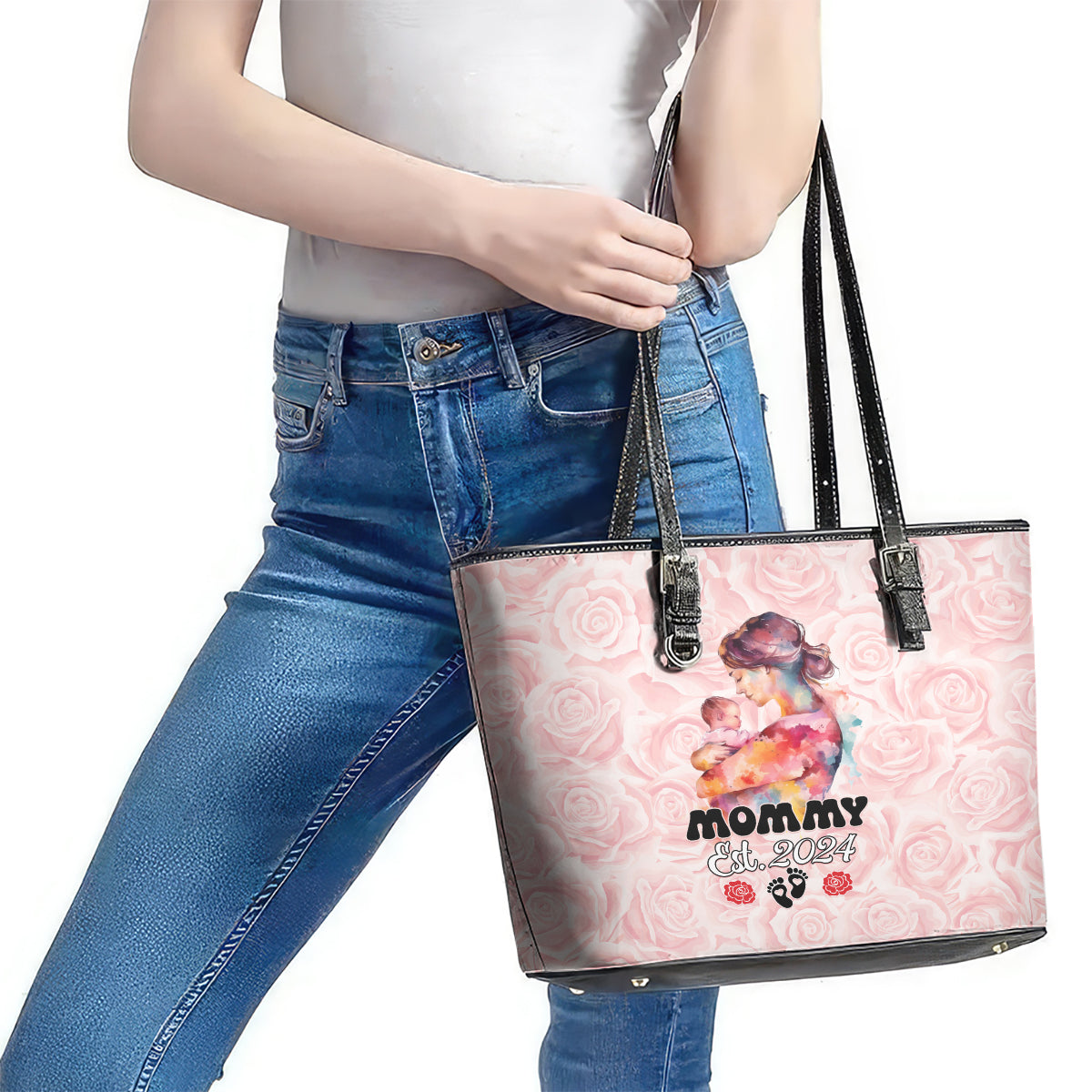 Happy Mother Day Leather Tote Bag Mommy Est 2024 LT01