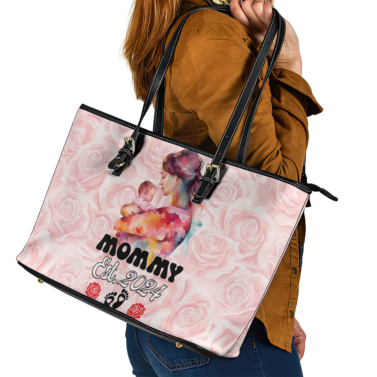 Happy Mother Day Leather Tote Bag Mommy Est 2024 LT01
