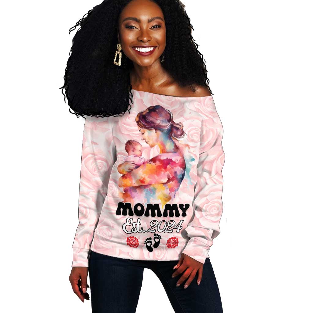 Happy Mother Day Off Shoulder Sweater Mommy Est 2024 LT01