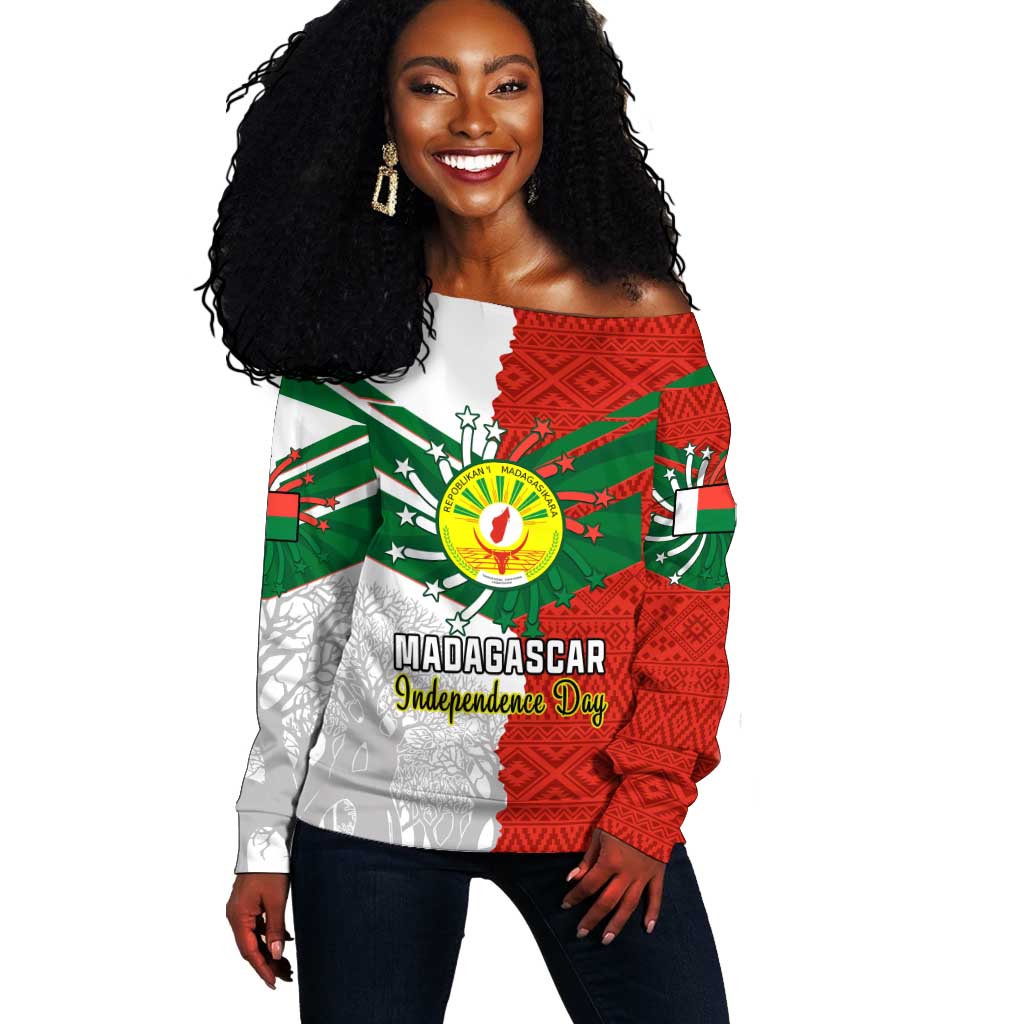 Personalized Madagascar Independence Day Off Shoulder Sweater - 26 June, Baobab Mix African Pattern LT01