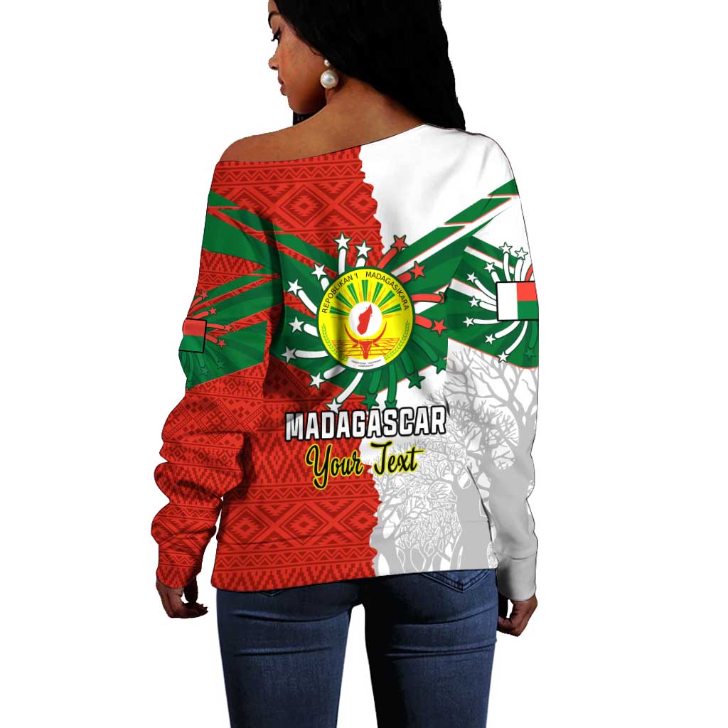 Personalized Madagascar Independence Day Off Shoulder Sweater - 26 June, Baobab Mix African Pattern LT01