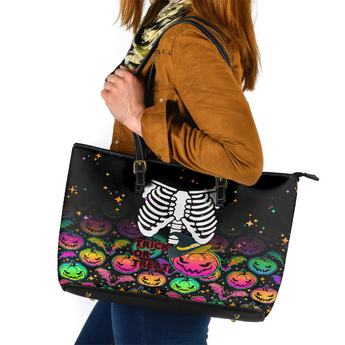 Halloween Skeleton Leather Tote Bag Trick or Treat Witch Pumpkin Colorful LT01