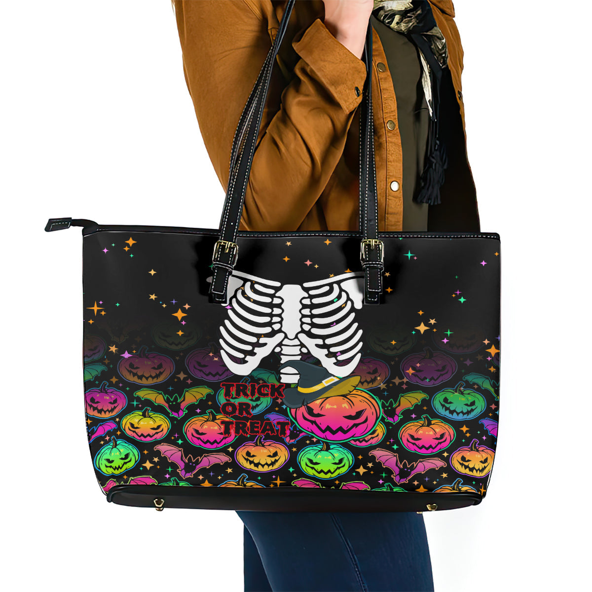 Halloween Skeleton Leather Tote Bag Trick or Treat Witch Pumpkin Colorful LT01