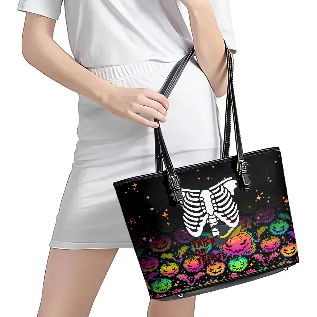 Halloween Skeleton Leather Tote Bag Trick or Treat Witch Pumpkin Colorful LT01