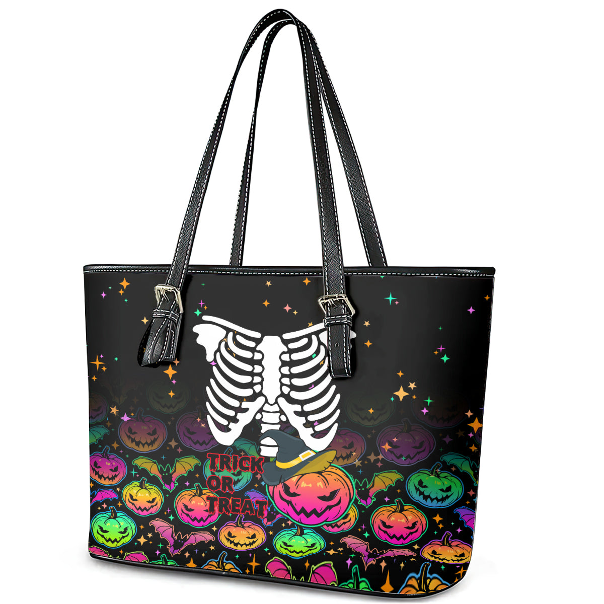 Halloween Skeleton Leather Tote Bag Trick or Treat Witch Pumpkin Colorful LT01