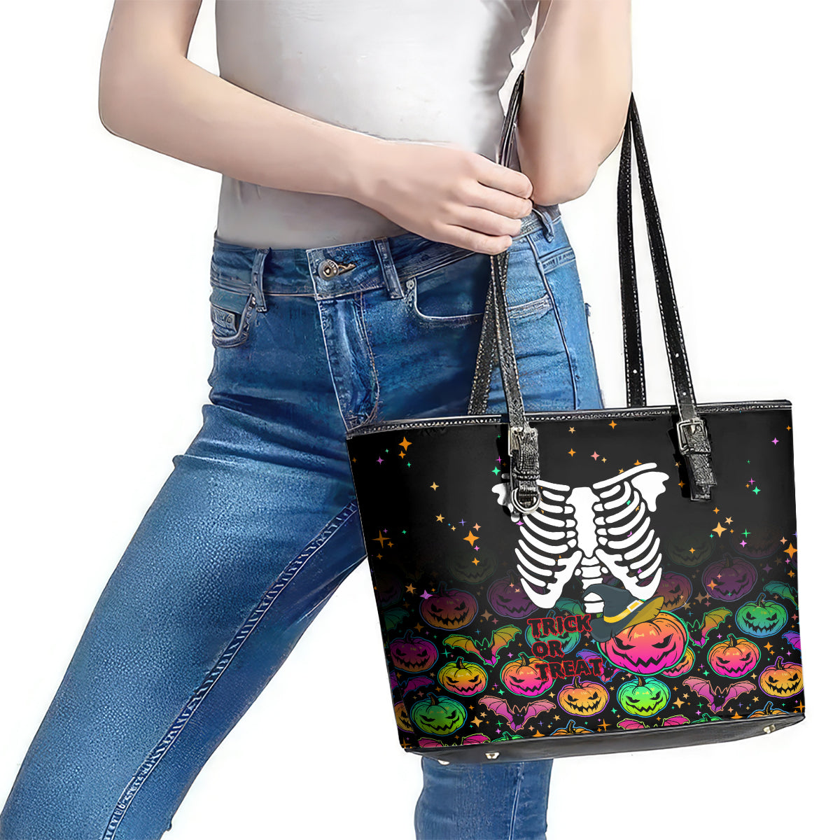 Halloween Skeleton Leather Tote Bag Trick or Treat Witch Pumpkin Colorful LT01