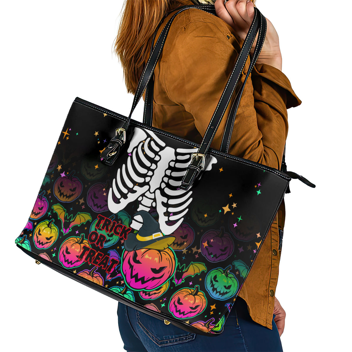 Halloween Skeleton Leather Tote Bag Trick or Treat Witch Pumpkin Colorful LT01