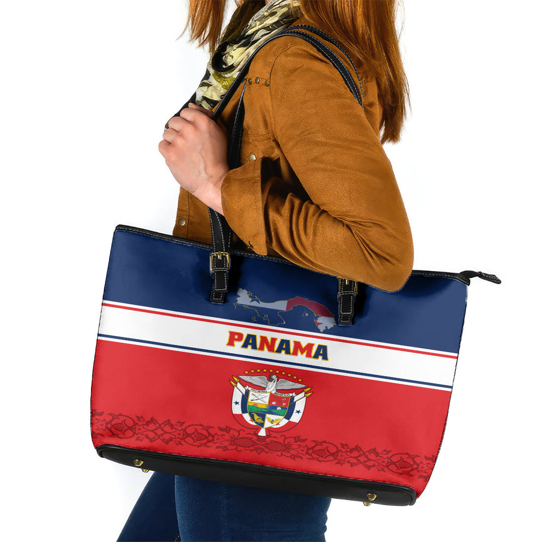 Panama Independence Day Leather Tote Bag Coat Of Arms Pollera Pattern LT01