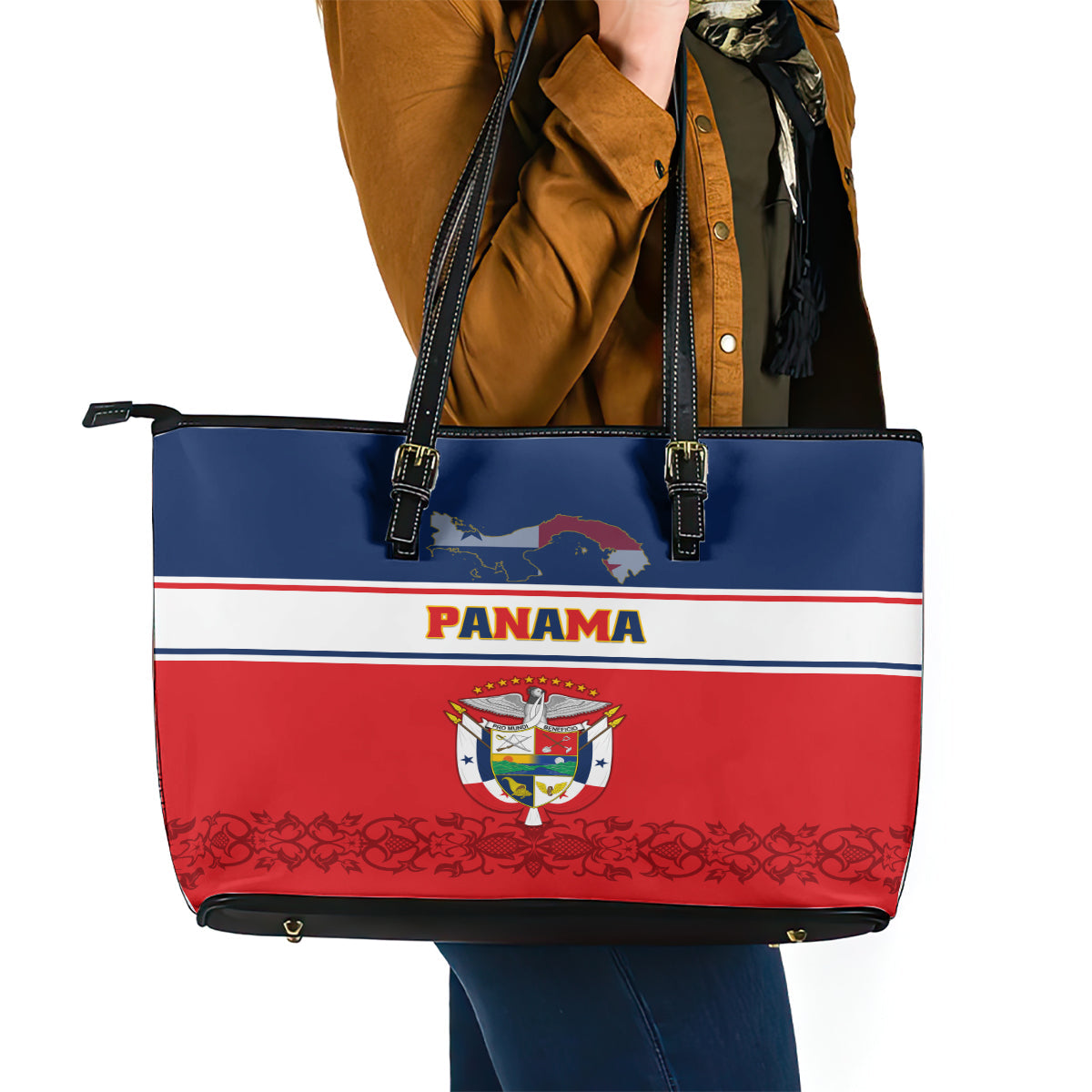 Panama Independence Day Leather Tote Bag Coat Of Arms Pollera Pattern LT01