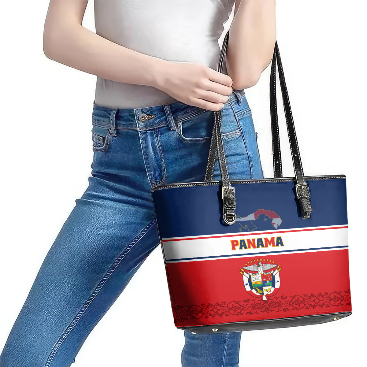 Panama Independence Day Leather Tote Bag Coat Of Arms Pollera Pattern LT01