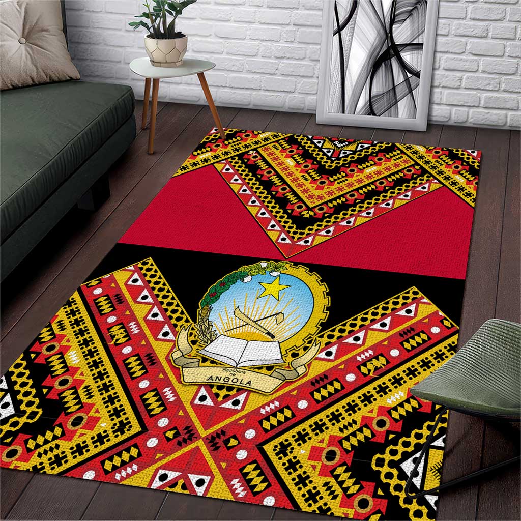 Angola Independence Day Area Rug with Coat of Arms and Samakaka Pattern LT01