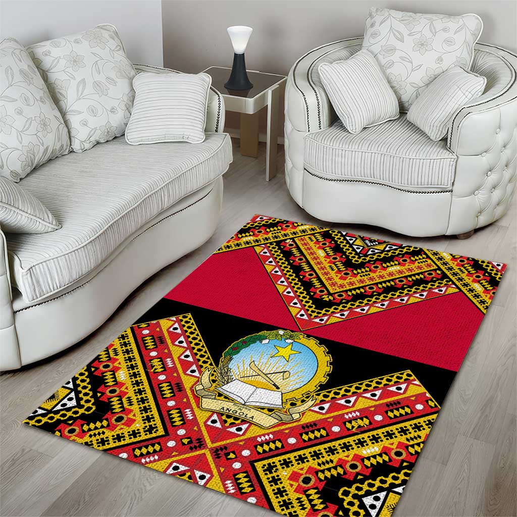 Angola Independence Day Area Rug with Coat of Arms and Samakaka Pattern LT01