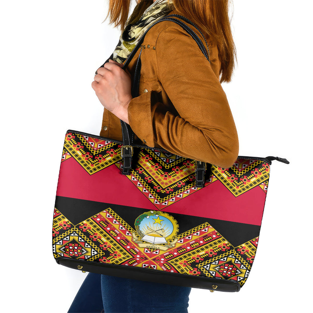 Angola Independence Day Leather Tote Bag Coat Of Arms Samakaka Pattern LT01