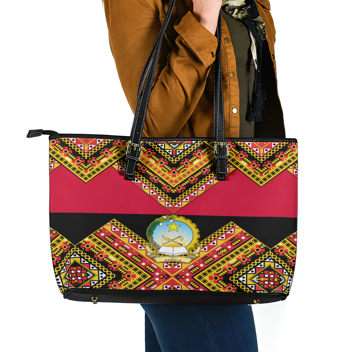 Angola Independence Day Leather Tote Bag Coat Of Arms Samakaka Pattern LT01