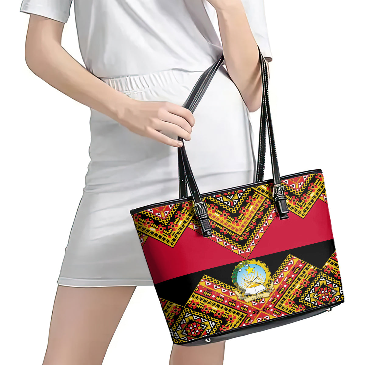 Angola Independence Day Leather Tote Bag Coat Of Arms Samakaka Pattern LT01