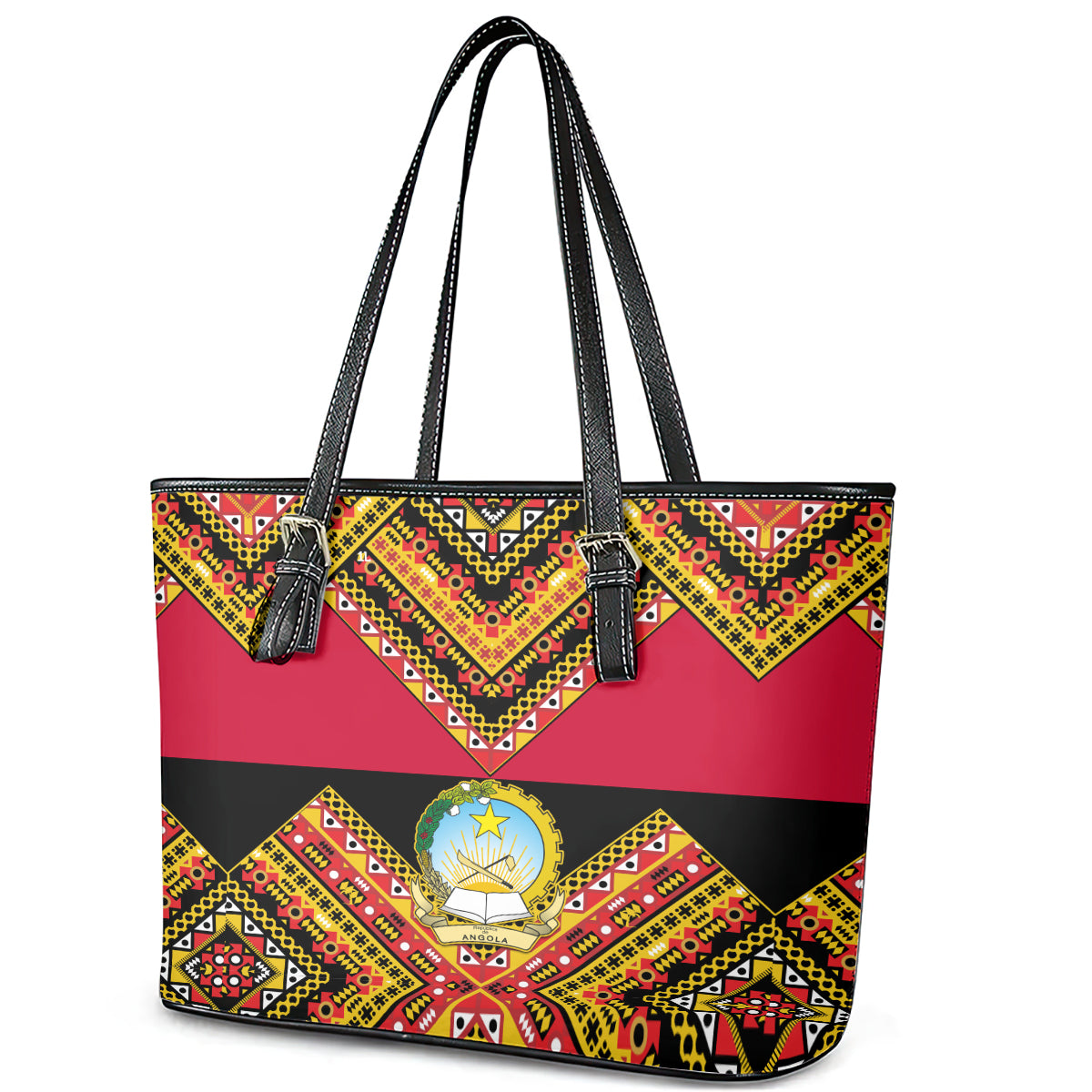 Angola Independence Day Leather Tote Bag Coat Of Arms Samakaka Pattern LT01