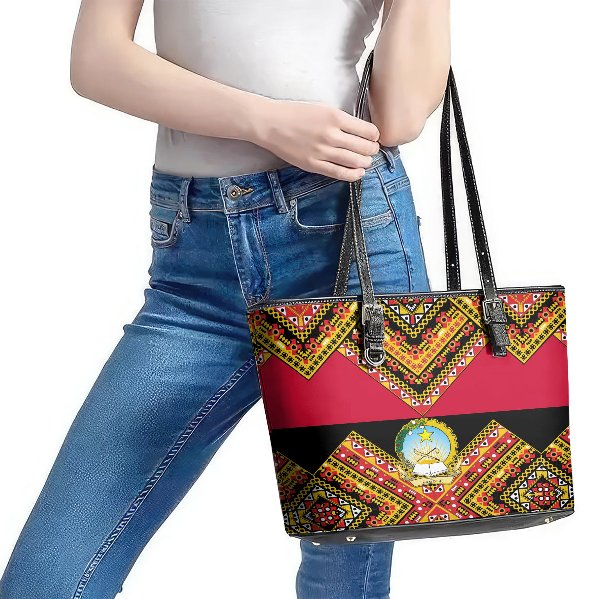 Angola Independence Day Leather Tote Bag Coat Of Arms Samakaka Pattern LT01