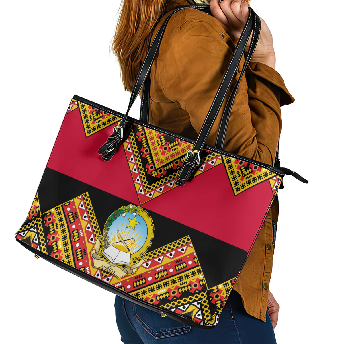 Angola Independence Day Leather Tote Bag Coat Of Arms Samakaka Pattern LT01