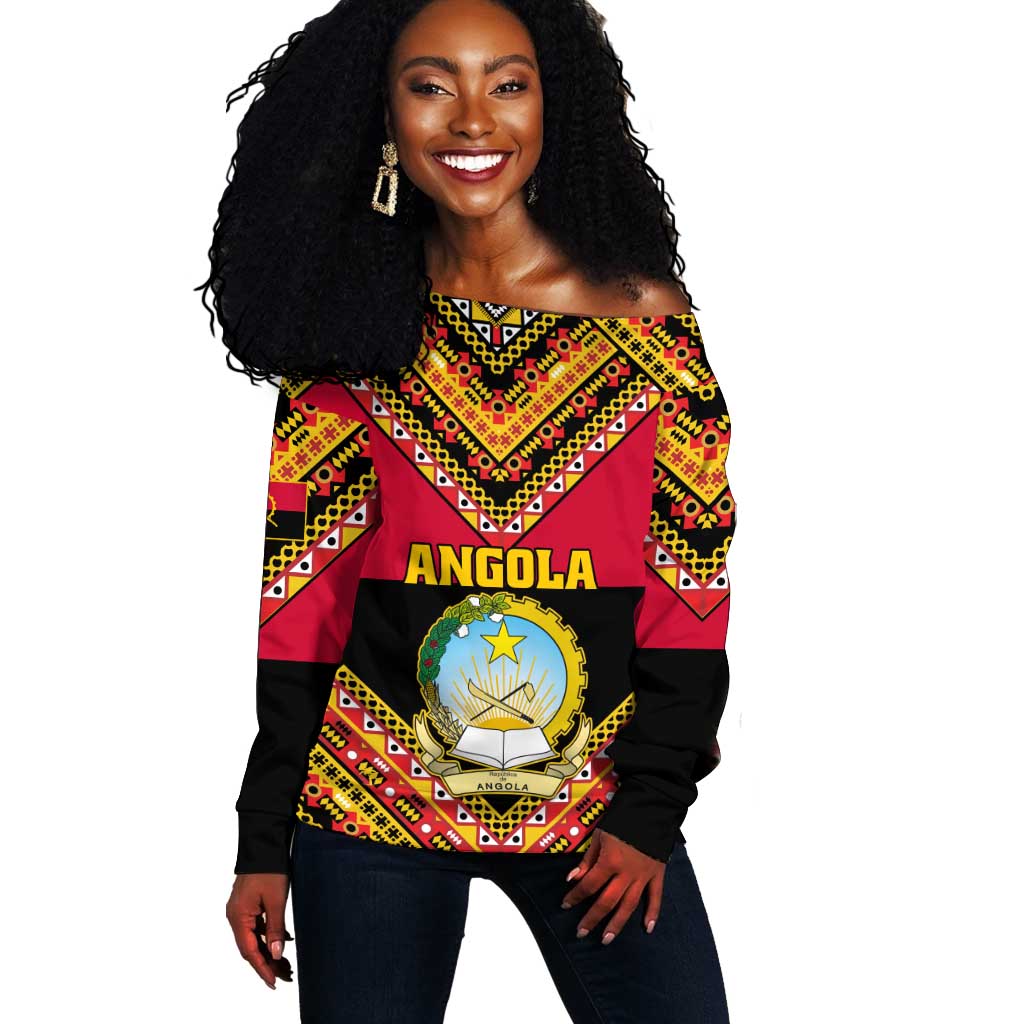 Angola Independence Day Off Shoulder Sweater with Coat of Arms and Samakaka Pattern LT01