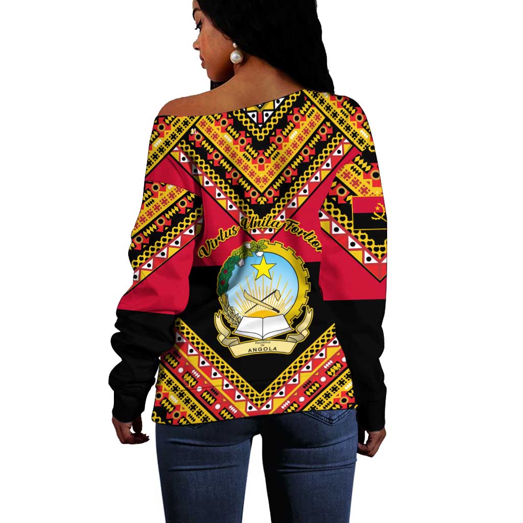 Angola Independence Day Off Shoulder Sweater with Coat of Arms and Samakaka Pattern LT01