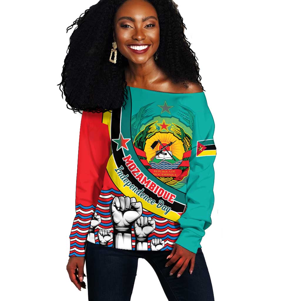 Personalized Mozambique Independence Day Off Shoulder Sweater - June 25, Mozambiki Emblem LT01