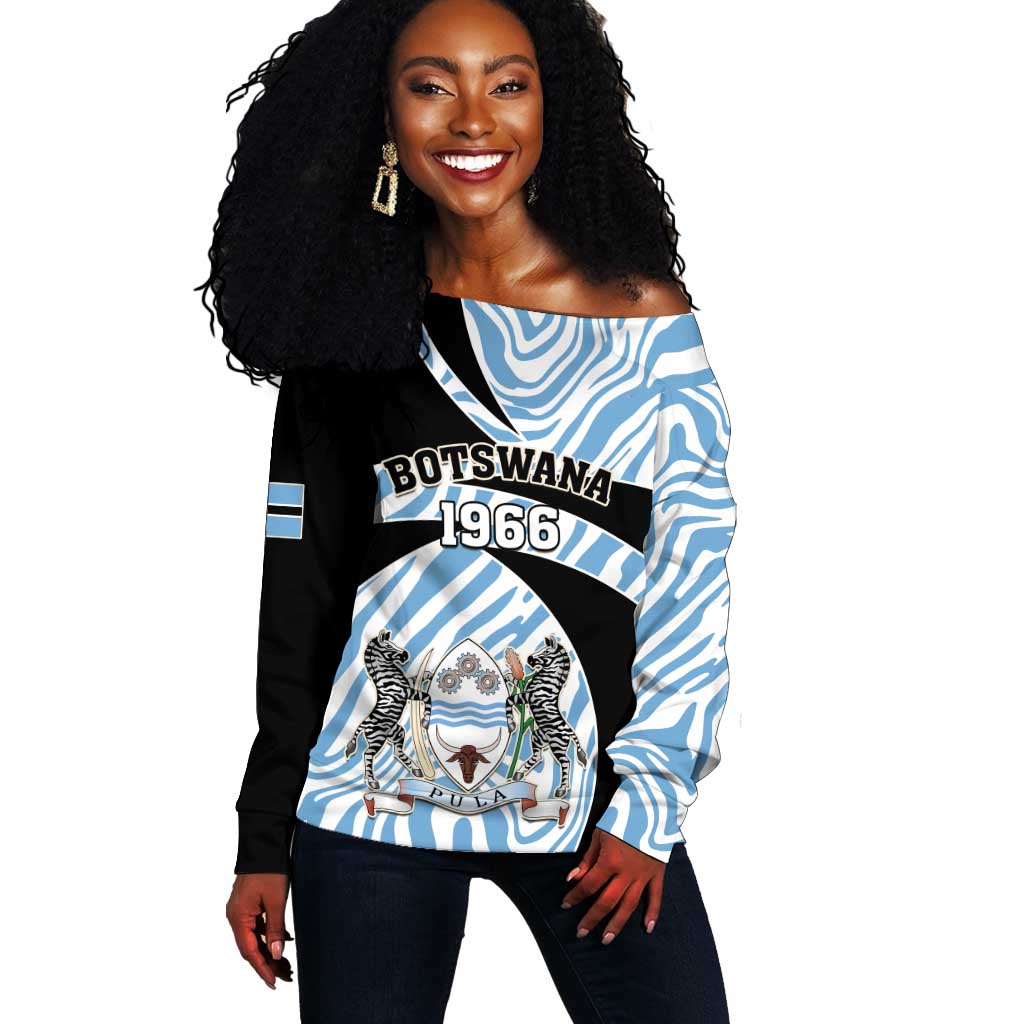 Personalized Botswana Independence Day Off Shoulder Sweater - Lefatshe la Botswana with Zebra Pattern LT01