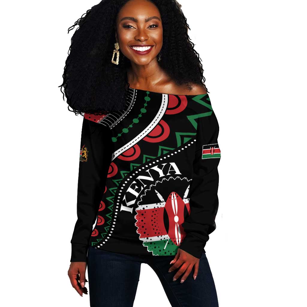 Personalized Kenya Off Shoulder Sweater Harambee African Pattern - Coat of Arms Design LT01