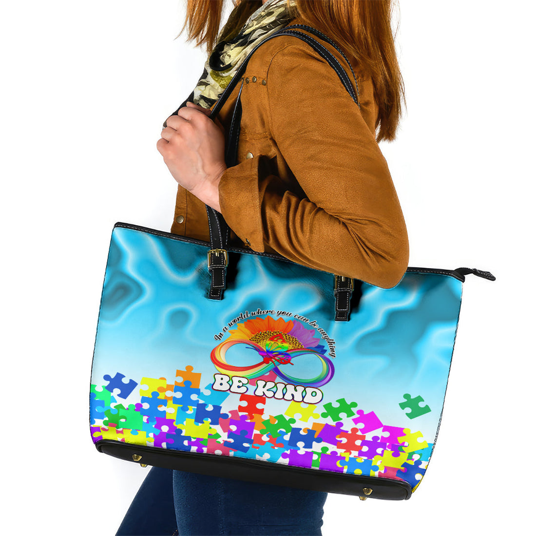 World Autism Awareness Day 2024 Leather Tote Bag In A World Where You Can Be Anything Be Kind LT01
