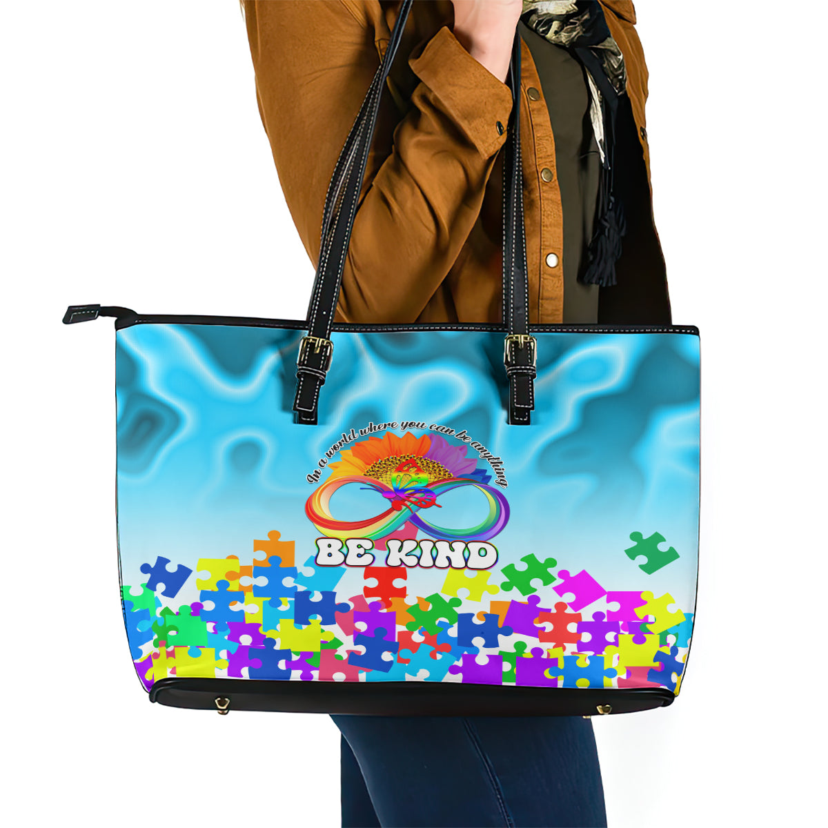 World Autism Awareness Day 2024 Leather Tote Bag In A World Where You Can Be Anything Be Kind LT01