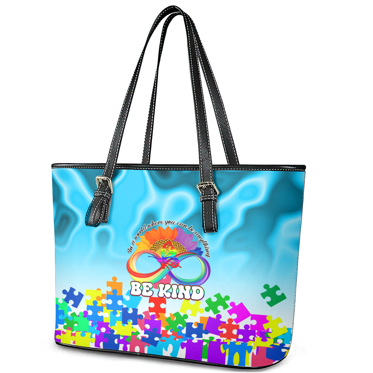 World Autism Awareness Day 2024 Leather Tote Bag In A World Where You Can Be Anything Be Kind LT01