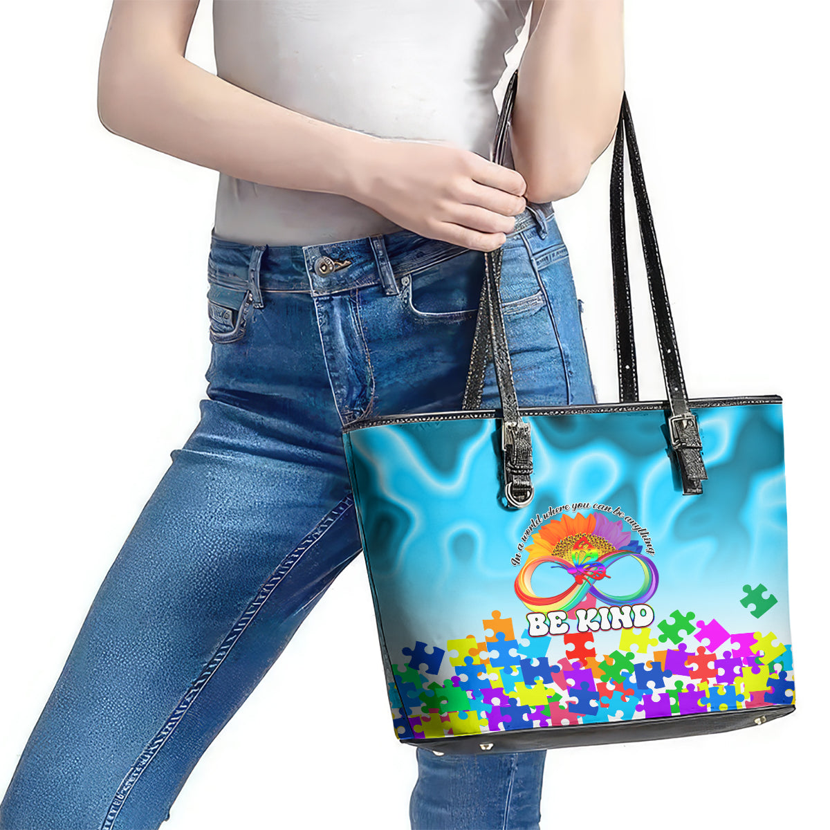 World Autism Awareness Day 2024 Leather Tote Bag In A World Where You Can Be Anything Be Kind LT01