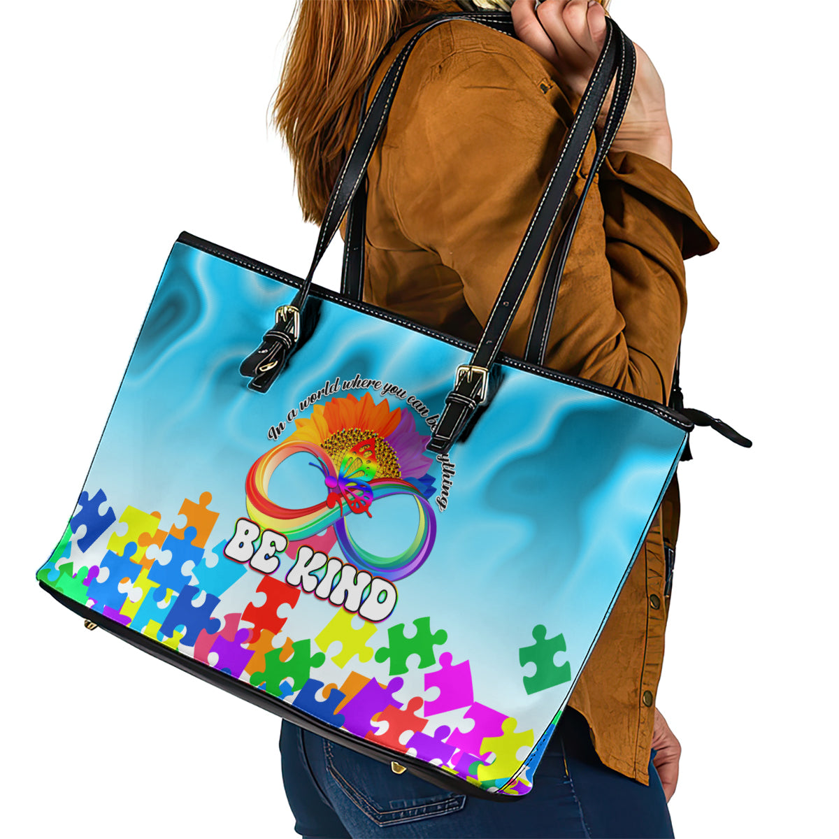 World Autism Awareness Day 2024 Leather Tote Bag In A World Where You Can Be Anything Be Kind LT01