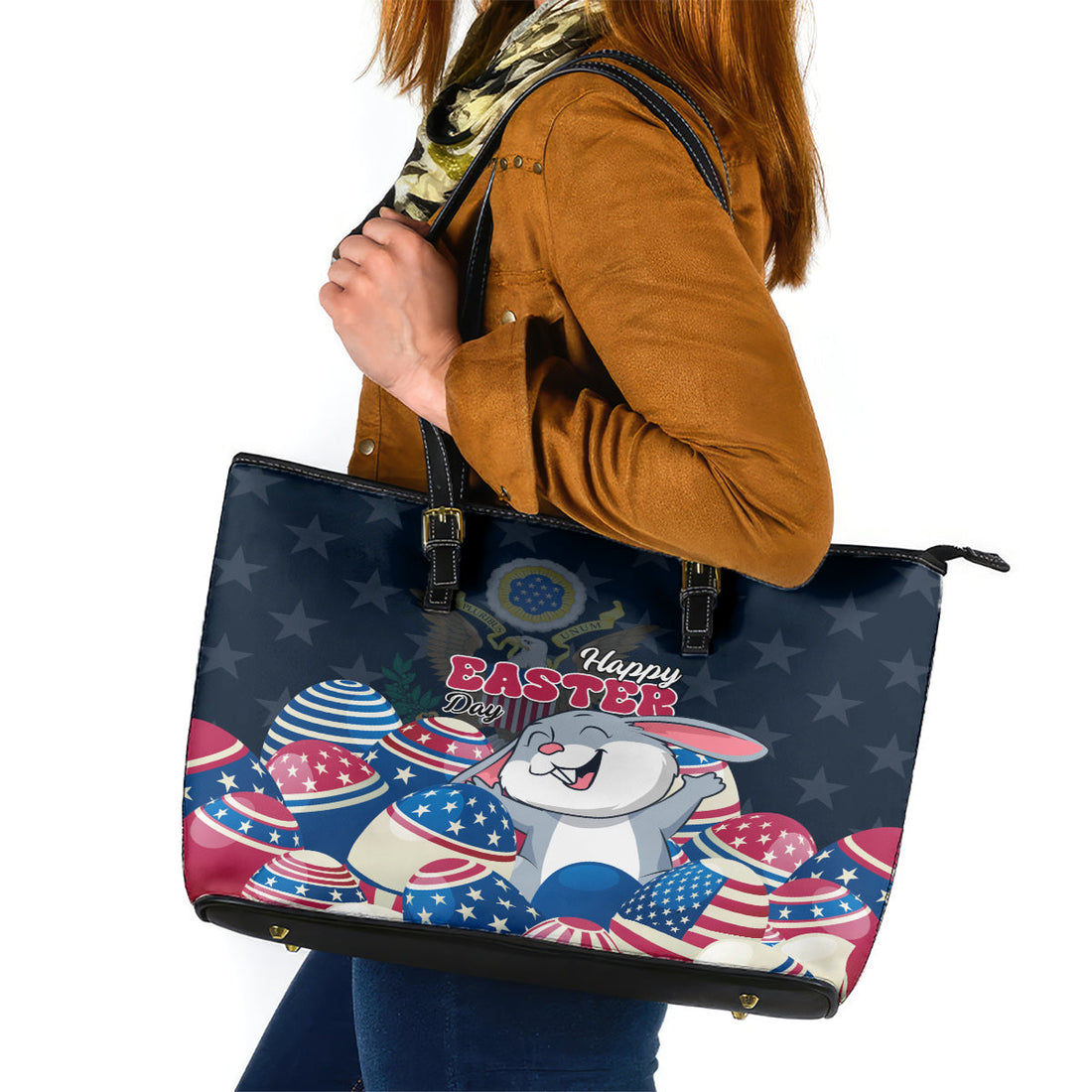American Easter Day 2024 Leather Tote Bag Bunny With US Easter Eggs LT01
