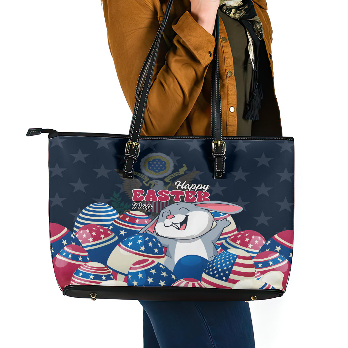 American Easter Day 2024 Leather Tote Bag Bunny With US Easter Eggs LT01