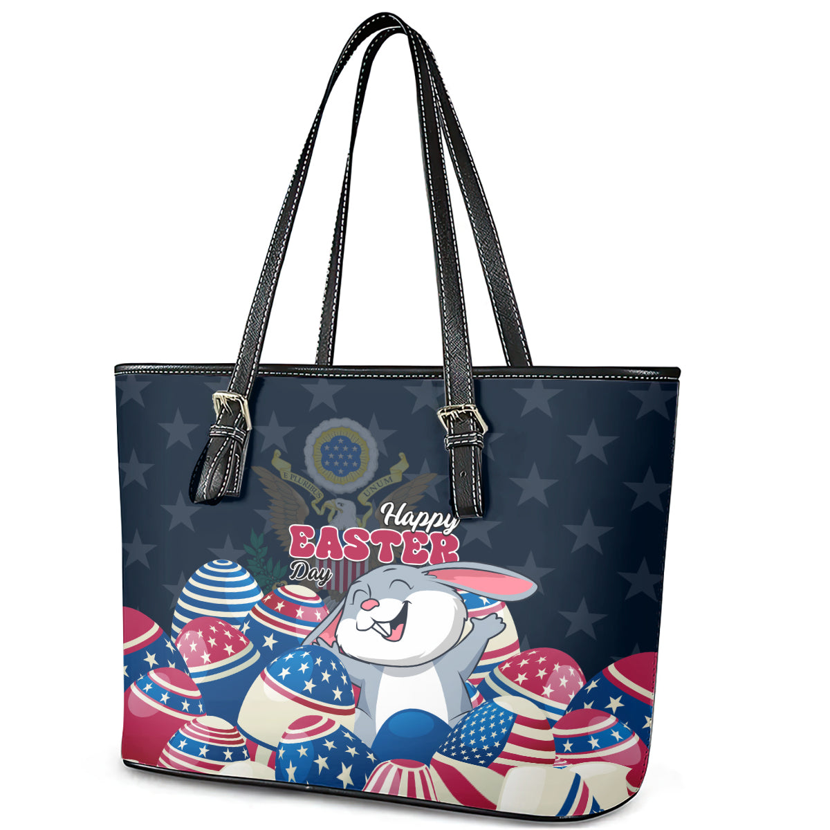 American Easter Day 2024 Leather Tote Bag Bunny With US Easter Eggs LT01
