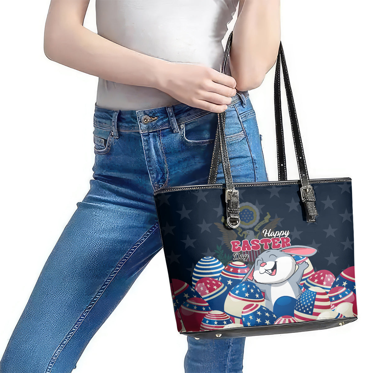 American Easter Day 2024 Leather Tote Bag Bunny With US Easter Eggs LT01