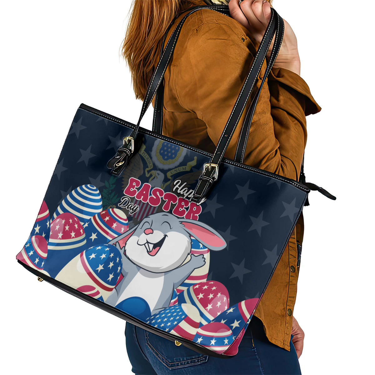 American Easter Day 2024 Leather Tote Bag Bunny With US Easter Eggs LT01