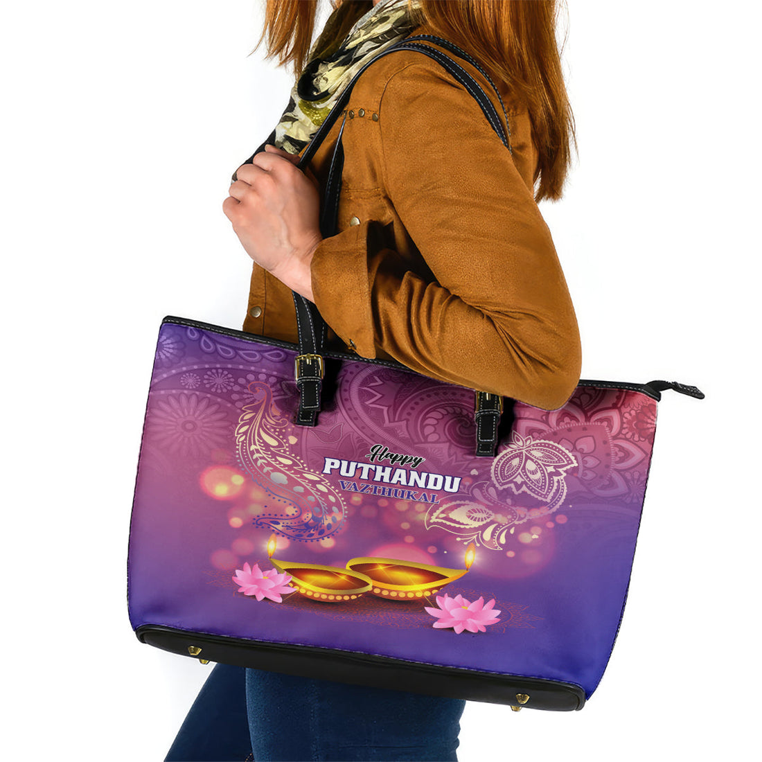 Puthandu Vazthukal 2024 Leather Tote Bag Happy Tamil New Year LT01