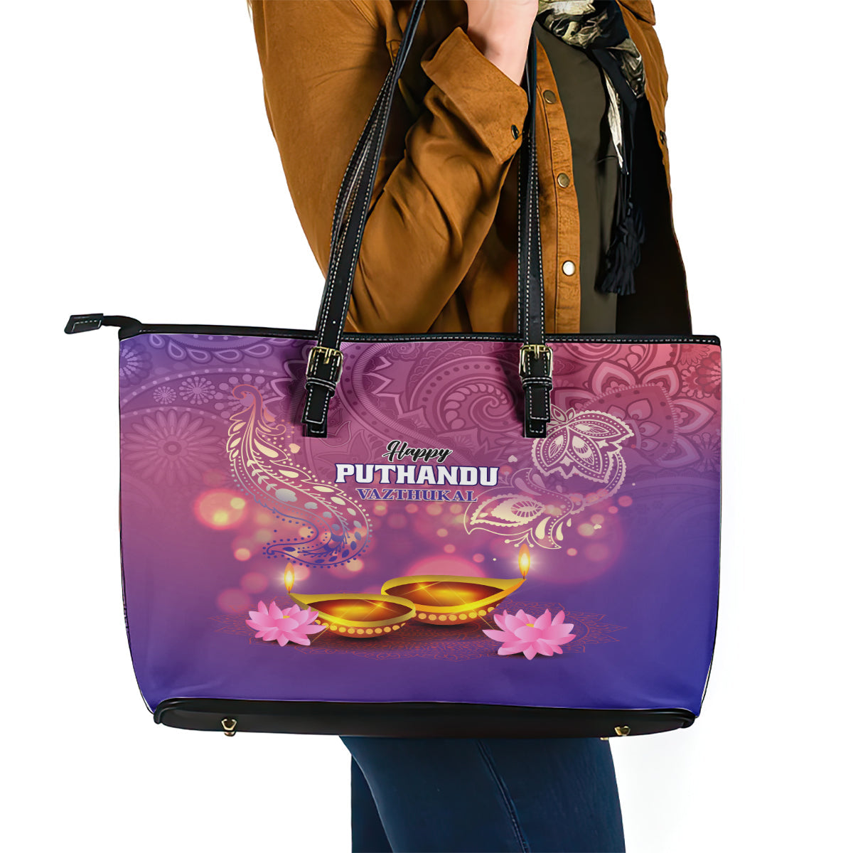 Puthandu Vazthukal 2024 Leather Tote Bag Happy Tamil New Year LT01