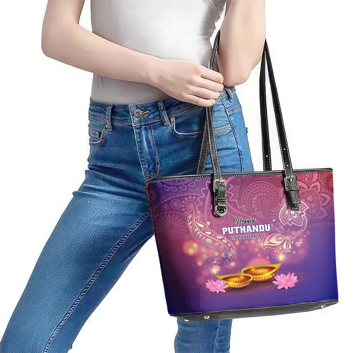 Puthandu Vazthukal 2024 Leather Tote Bag Happy Tamil New Year LT01