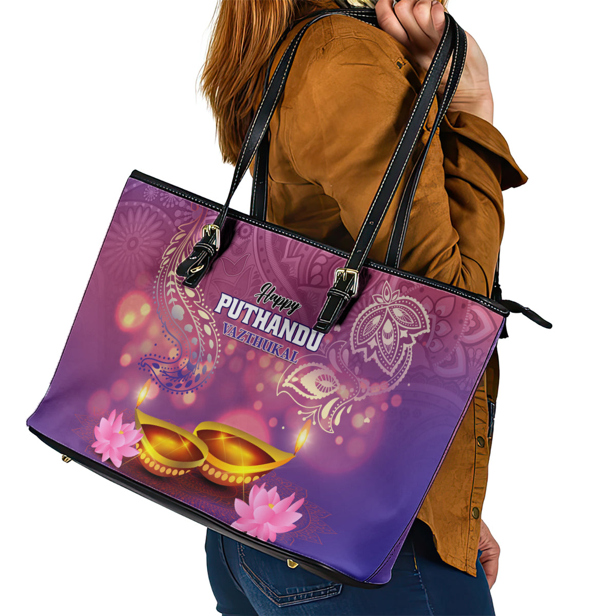 Puthandu Vazthukal 2024 Leather Tote Bag Happy Tamil New Year LT01