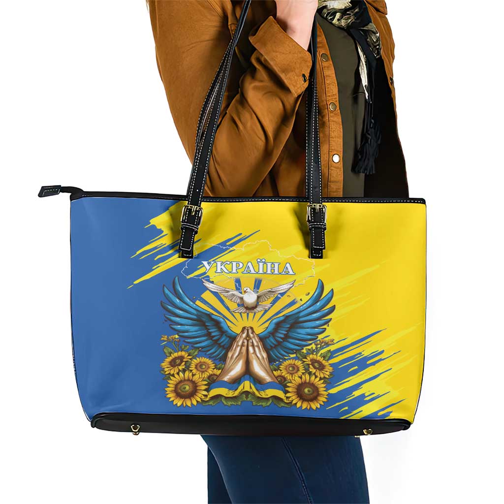 Ukraine Independence Day Leather Tote Bag Ukrainian Dove Sunflower LT01