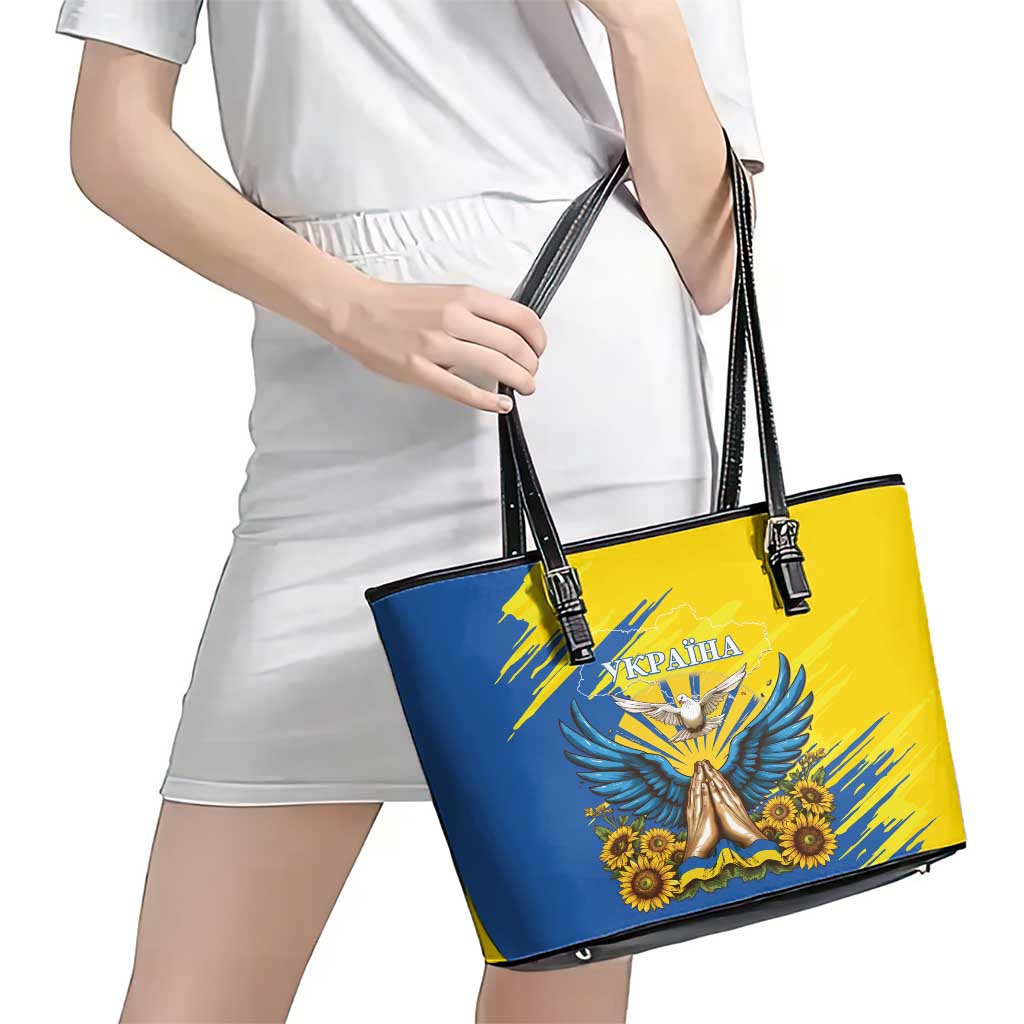 Ukraine Independence Day Leather Tote Bag Ukrainian Dove Sunflower LT01