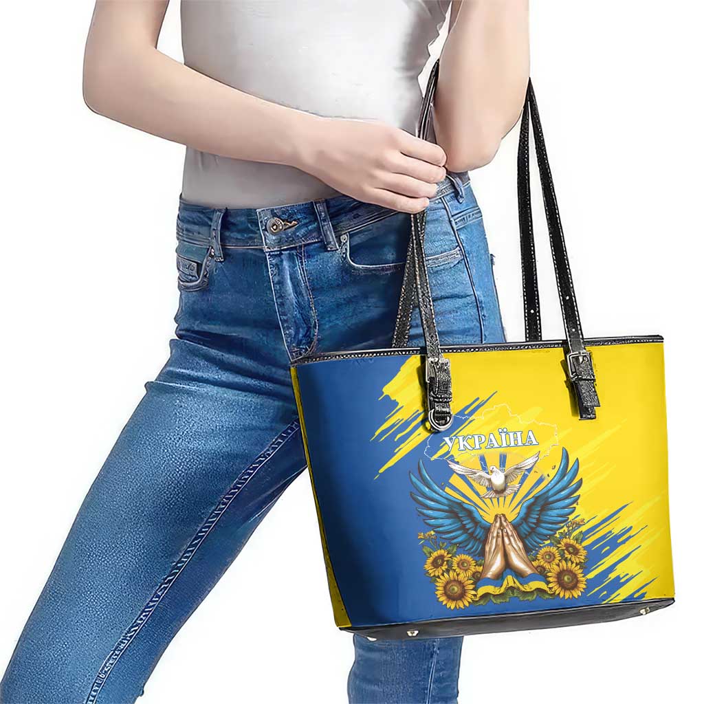 Ukraine Independence Day Leather Tote Bag Ukrainian Dove Sunflower LT01
