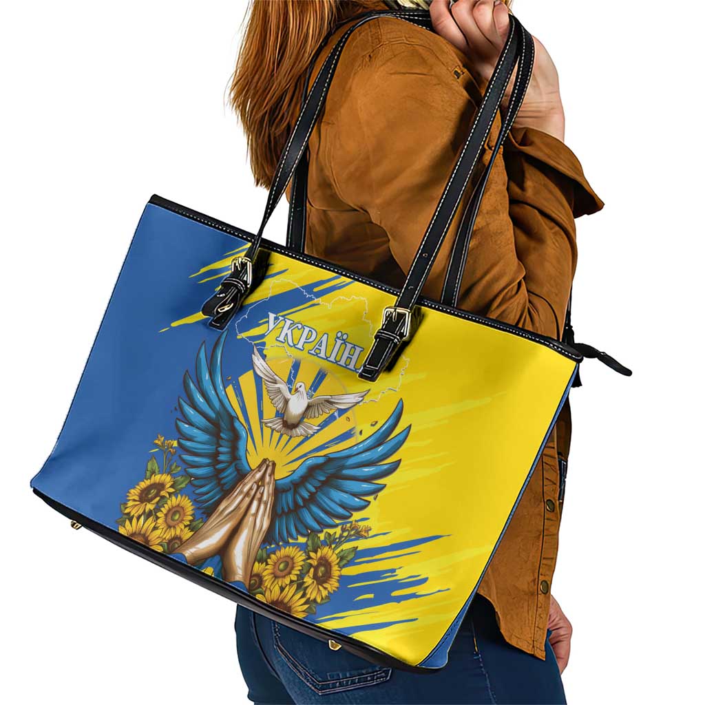 Ukraine Independence Day Leather Tote Bag Ukrainian Dove Sunflower LT01