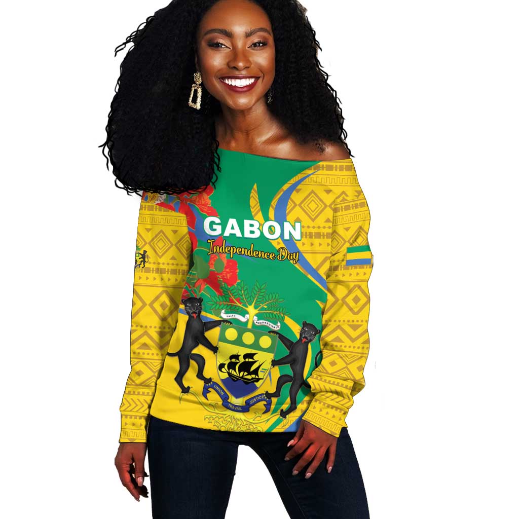 Gabon Independence Day Off Shoulder Sweater Gabonaise Flamboyant African Pattern LT01
